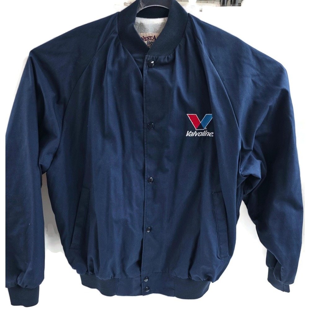 Vintage Westark Valvoline Jacket Mens Large Navy Blue‎ Snap Bomber Racing USA